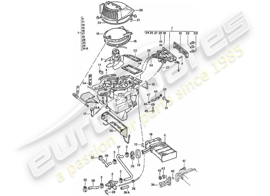 porsche 1981 (924) chauffage - noyau de chauffage - f >> 92-cn402 197 - f >> 93-cn100 305 - f >> 93-bn700 450 schéma des pièces