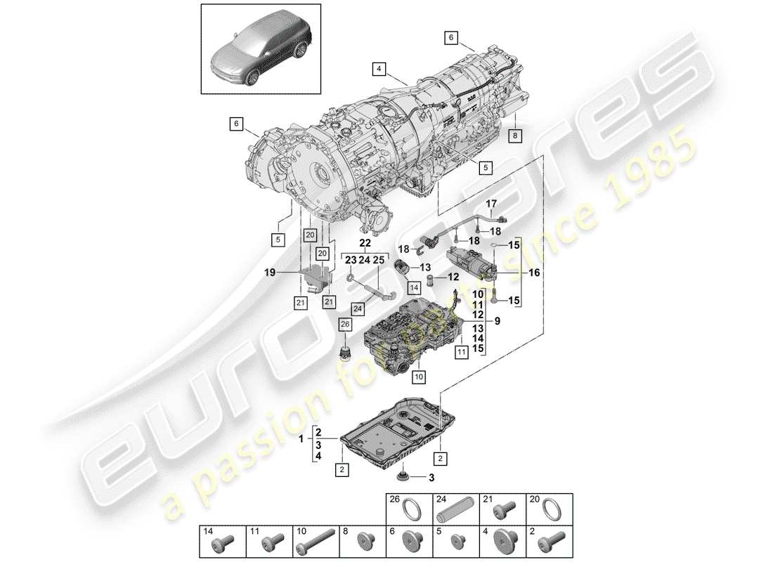 porsche 2020 (cayenne e3 9ya/9yb) 8-speed boîte de vitesses automatique schéma des pièces