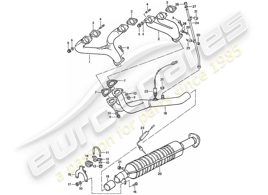 porsche 1987 (924s) système d'échappement - catalyseur schéma des pièces