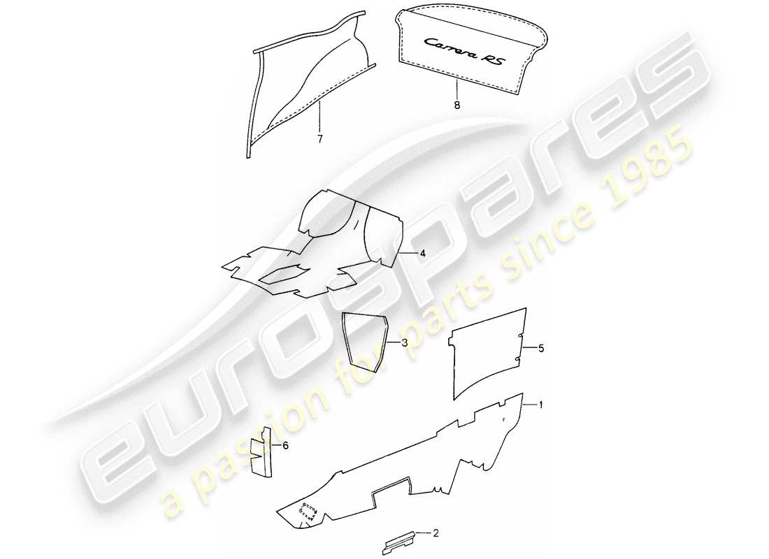 porsche 1996 (993) equipement intérieur - tapis adhésif schéma des pièces