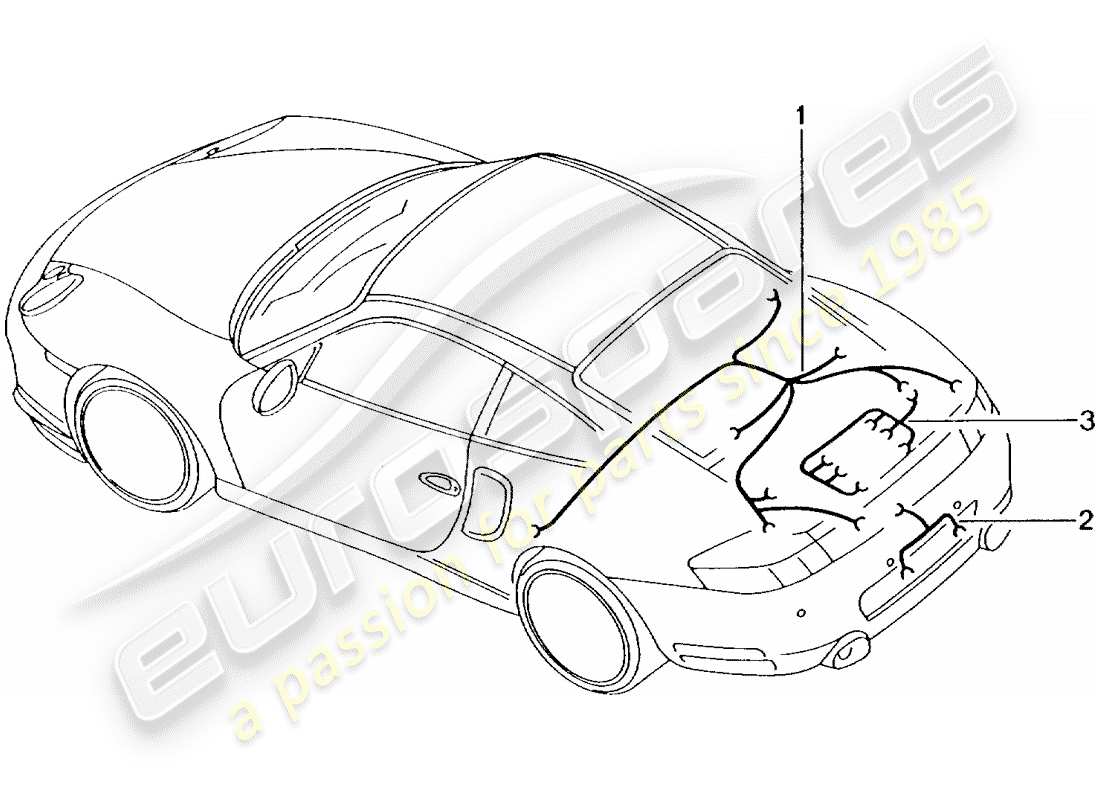 porsche 2001 (996 turbo / gt2) faisceau de cablage - extrémité arrière - feu stop supplémentaire - couvercle de coffre arrière - éclairage de plaque d'immatriculation - moteur - transmission - kit de réparation - système de frein antiblocage. -abs- - indicateur d'usure de plaquettes de frein - essieu arrière schéma des pièces