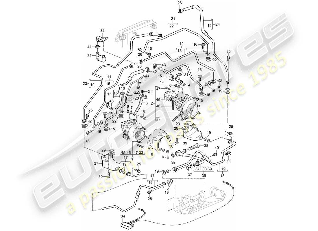 porsche 2009 997-2 turbo / gt2 turbocompresseur de gaz d'échappement schéma des pièces