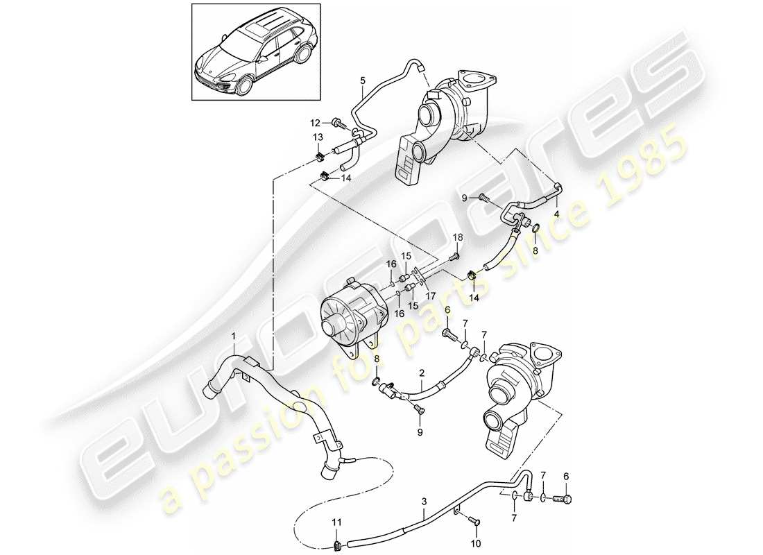 porsche 2015 (cayenne e2 92a) turbocompresseur de gaz d'échappement schéma des pièces