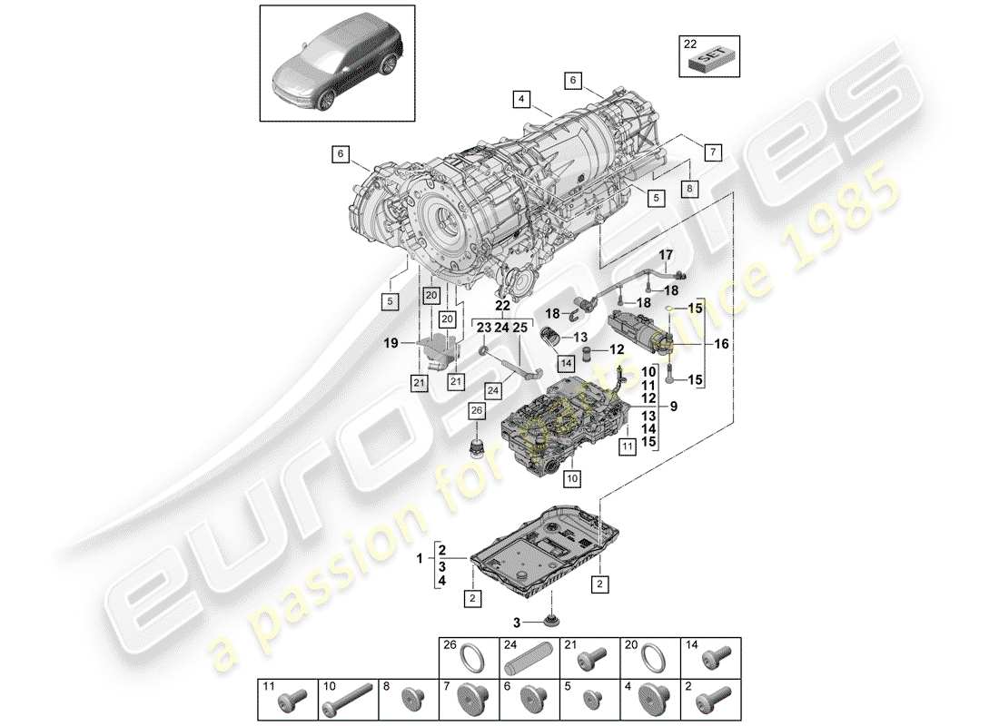 porsche 2019 (cayenne e3 9ya/9yb) 8-speed boîte de vitesses automatique schéma des pièces