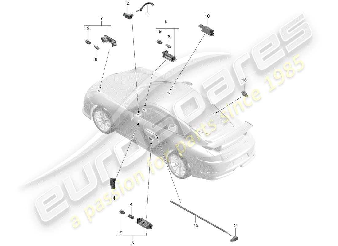 porsche 2015 (991-1 r/gt3/rs) éclairage intérieur schéma des pièces