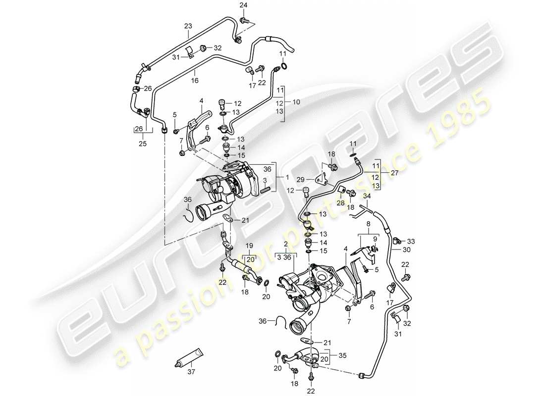 porsche 2008 (cayenne e1 9pa) turbocompresseur de gaz d'échappement schéma des pièces