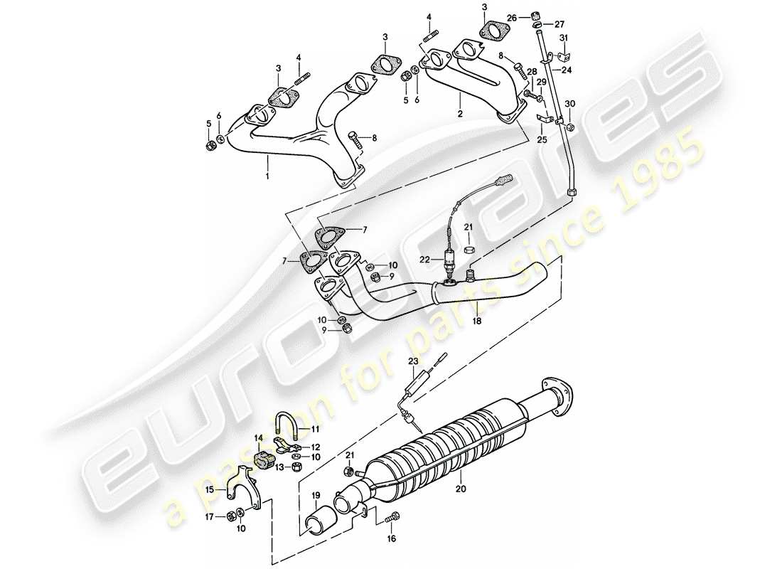 porsche 1982 (944) système d'échappement - catalyseur - (j) schéma des pièces