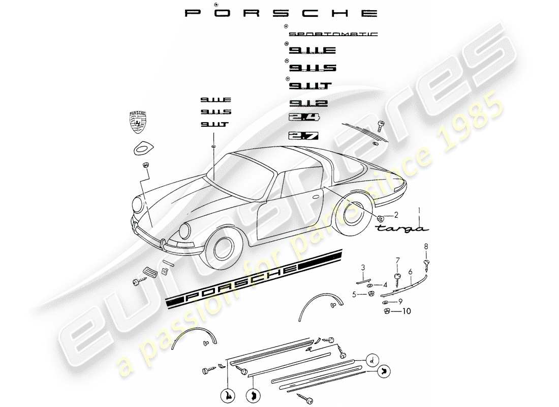 porsche 1972 (911) équipements décoratifs schéma des pièces