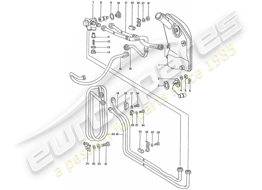porsche 1975 (911) lubrification moteur - bobine de radiateur schéma des pièces