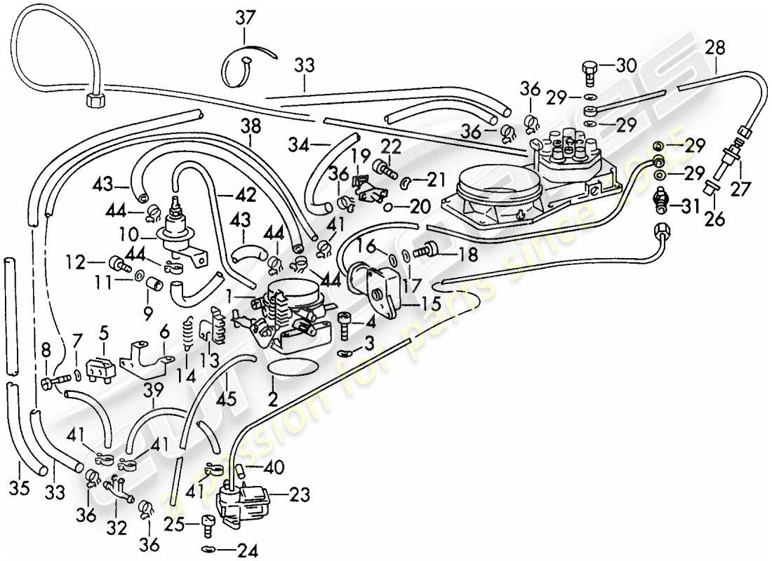 porsche 1973 (911) système d'injection - avec : - conduite de carburant - soupapes - buse à volet - et - soupape de réchauffement - d - mj 1972>> schéma des pièces