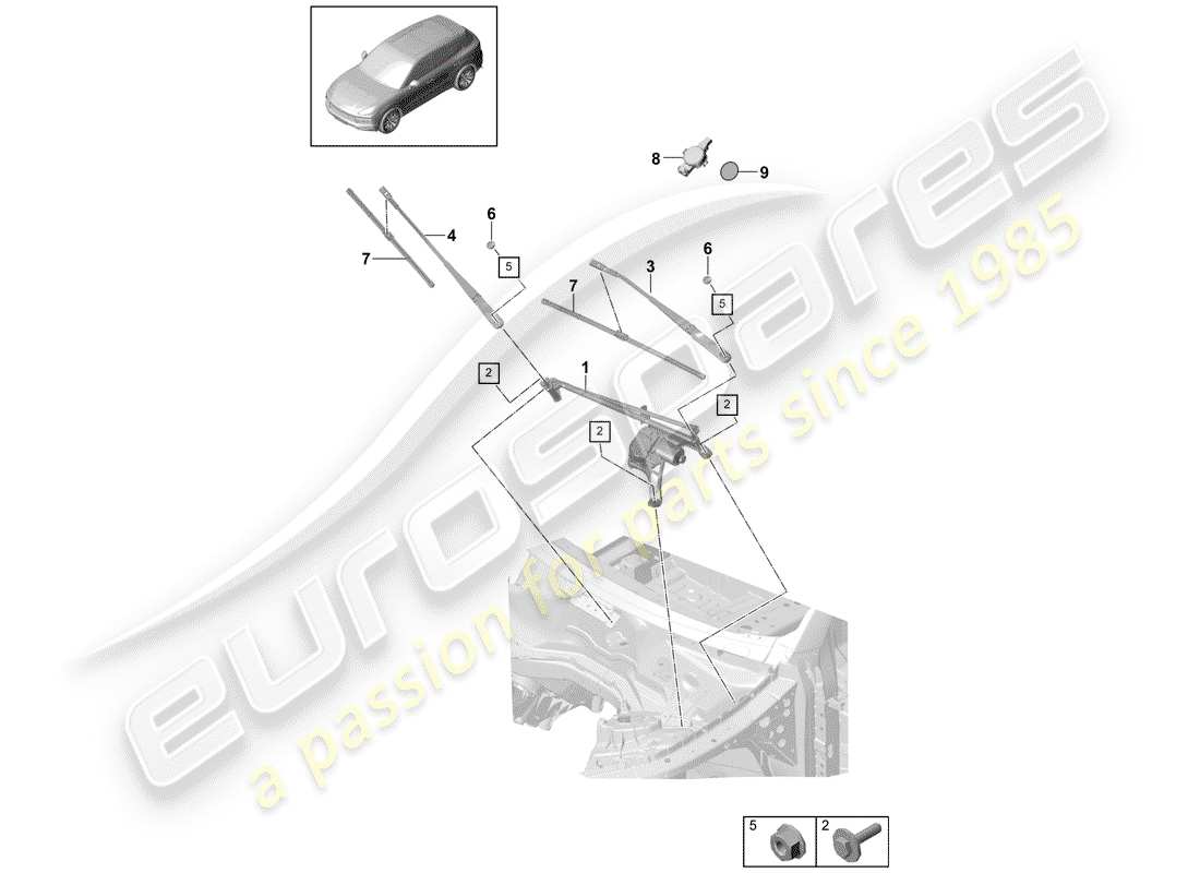 porsche 2020 (cayenne e3 9ya/9yb) système d'essuie-glace compl. diagramme de pièce