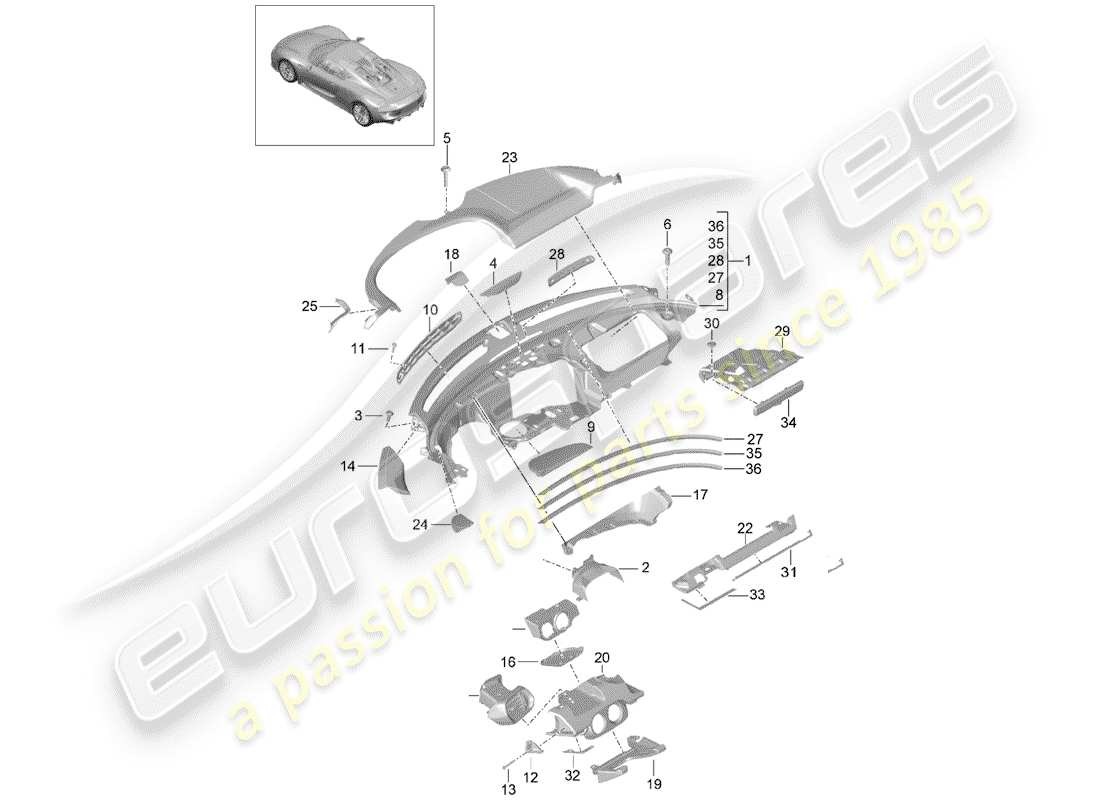 porsche 2015 (918 spyder) diagramme des pièces du tableau de bord