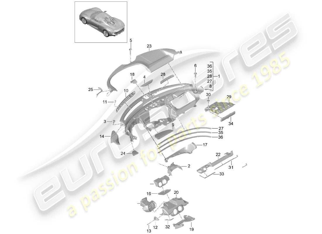 porsche 918 spyder (2015) diagramme des pièces du tableau de bord