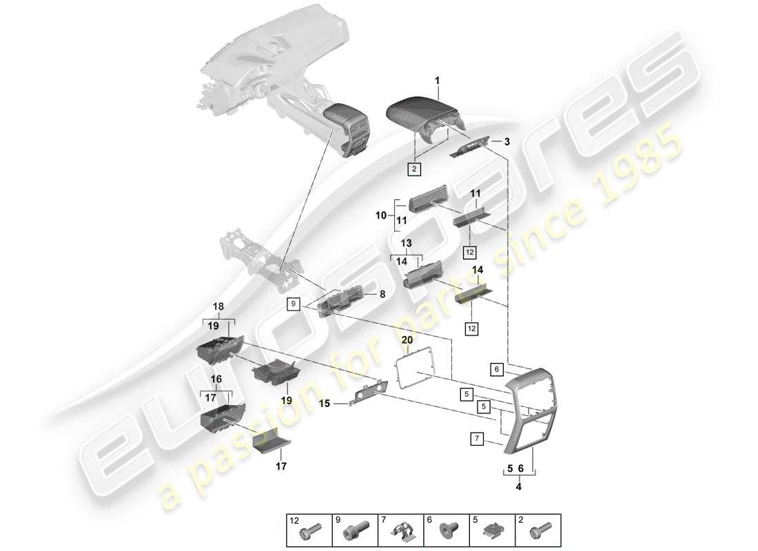 porsche 2019 (cayenne e3 9ya/9yb) console centrale schéma des pièces
