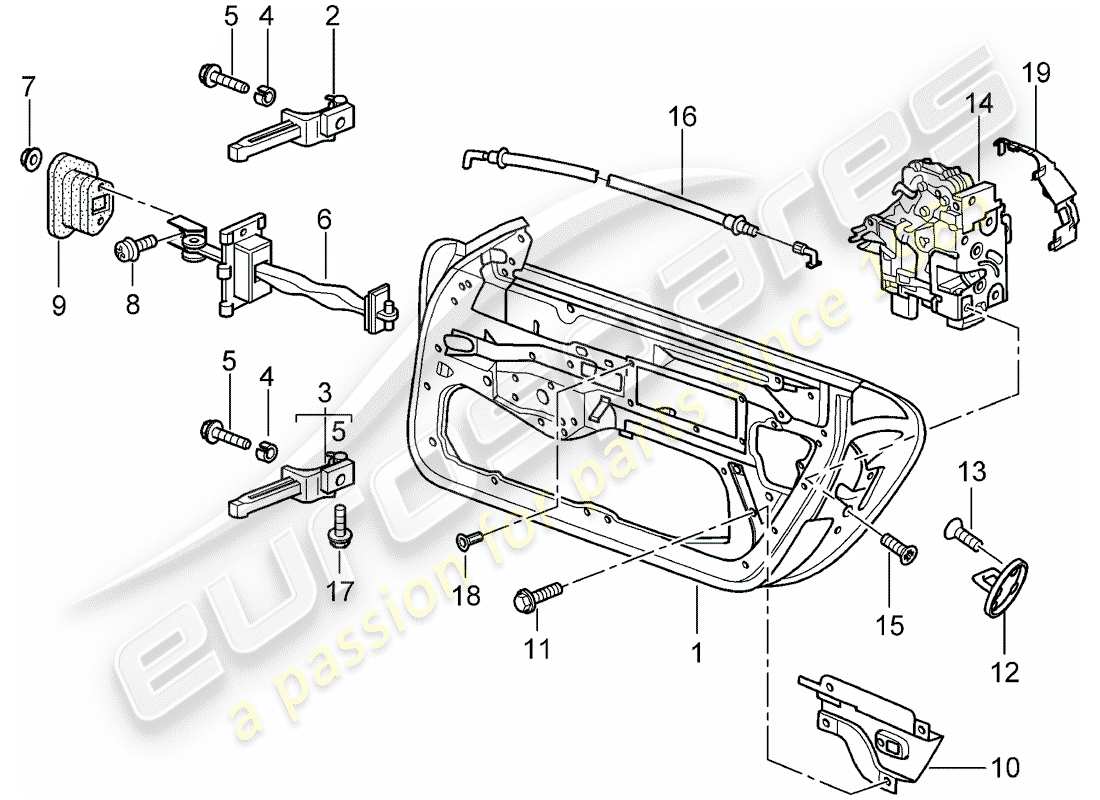 porsche 1999 (986 boxster) coquille de porte - loquet de porte schéma des pièces