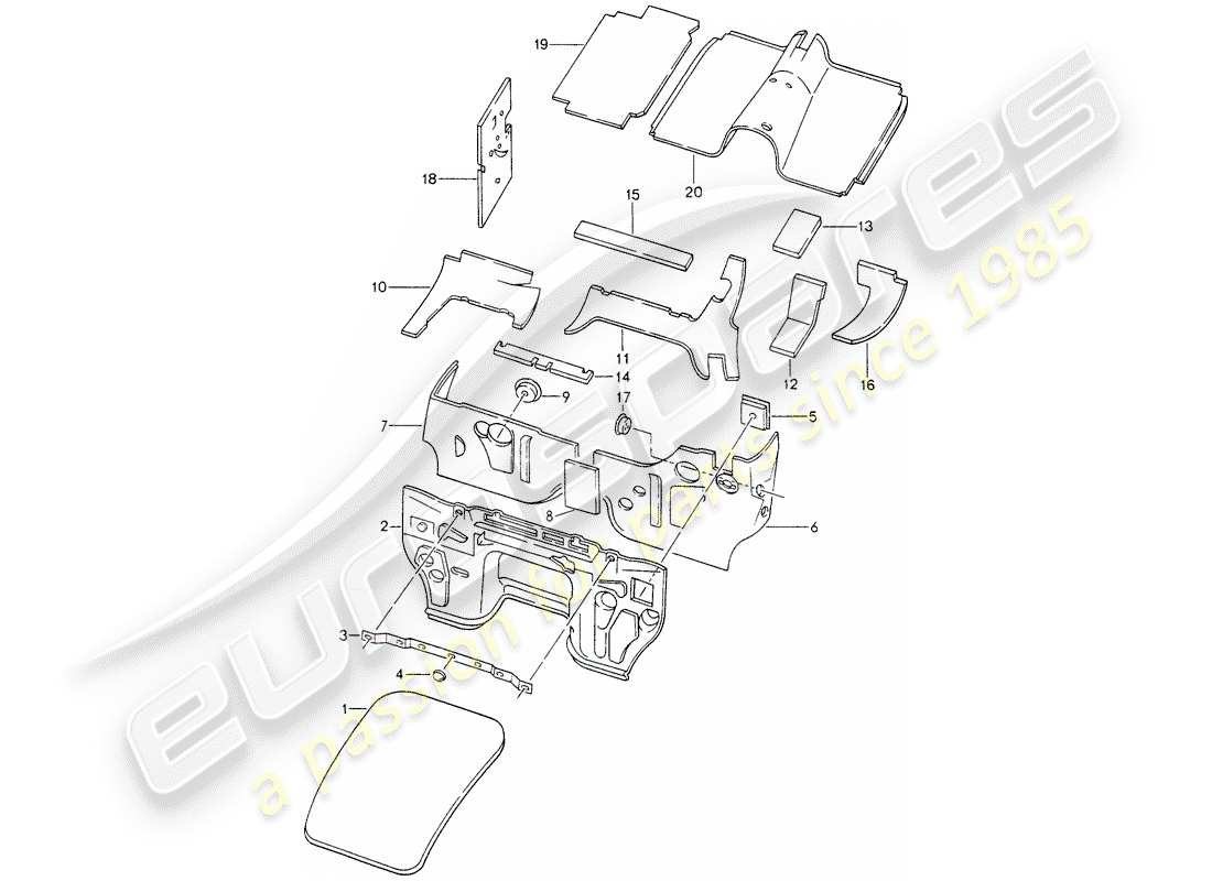 porsche 1988 (928) carrosserie - insonorisation 1 schéma des pièces