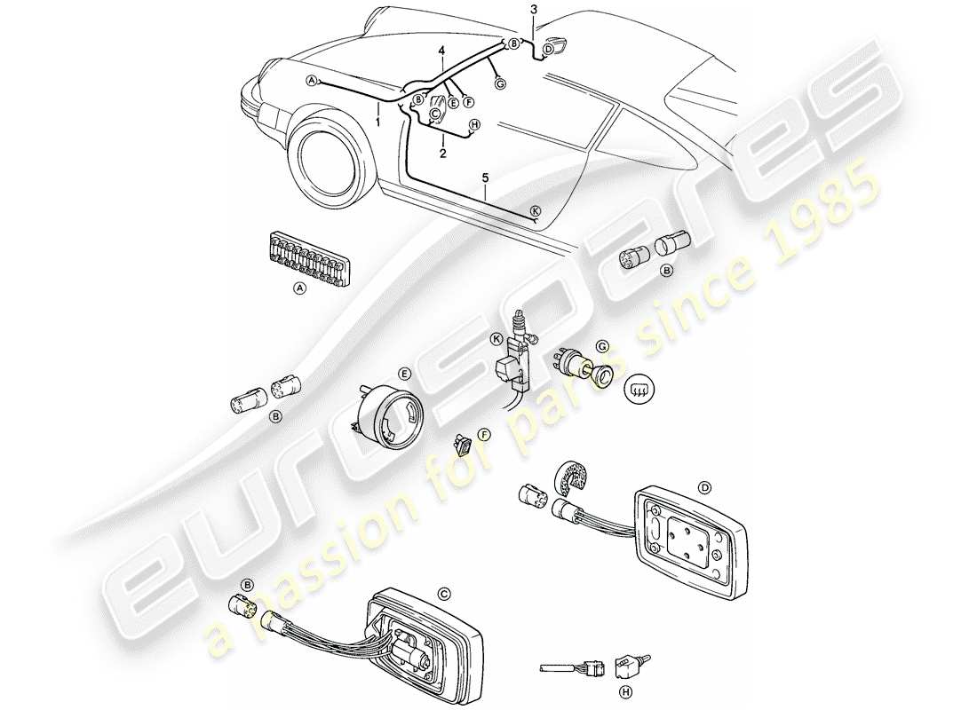 porsche 1986 (911) faisceau de cablage - rétroviseur - réglable électriquement - système de verrouillage central schéma des pièces