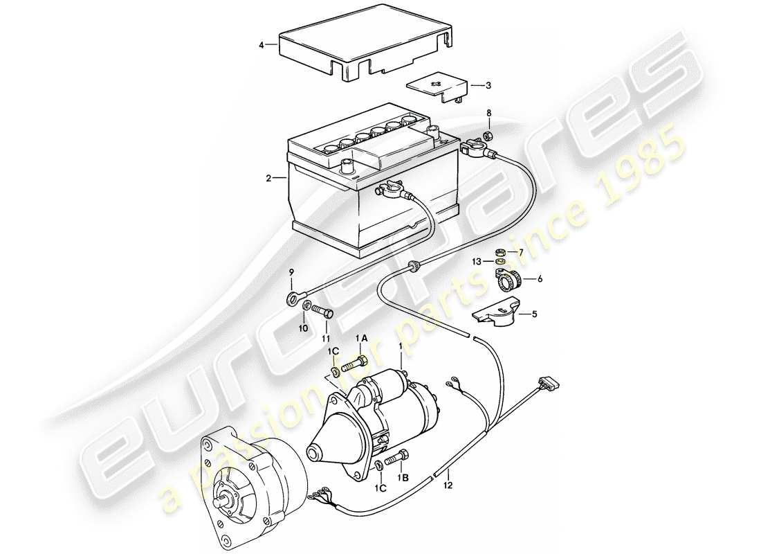 porsche 1982 (944) démarreur - batterie - faisceau de cablage schéma des pièces
