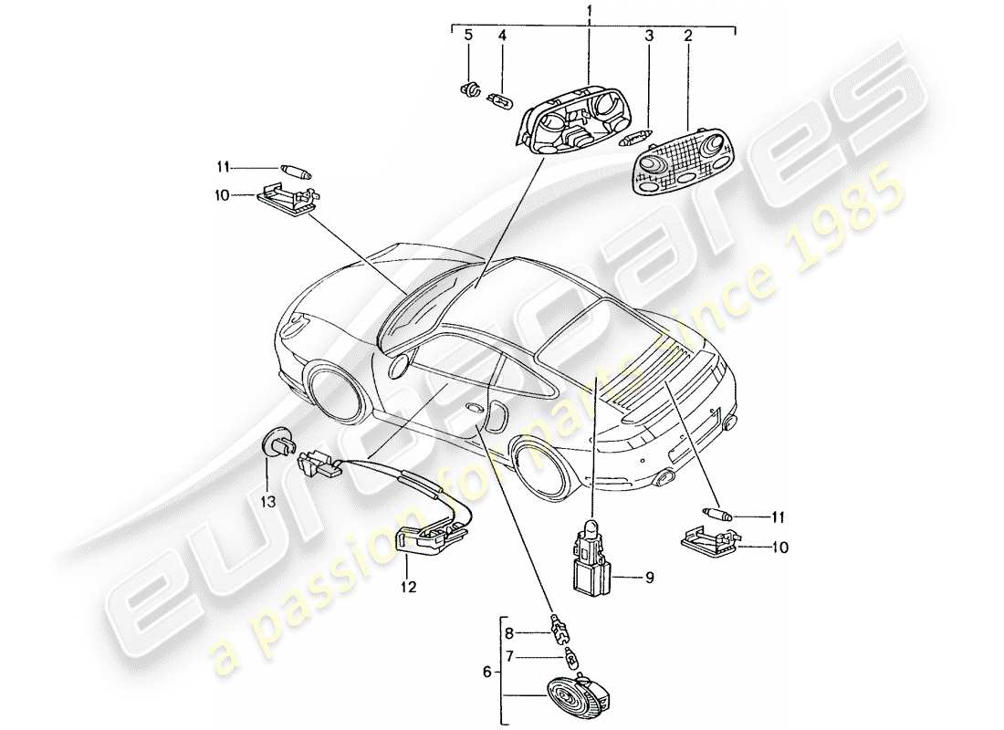 porsche 2001 (996 turbo / gt2) éclairage intérieur - éclairage du coffre à bagages - éclairage du compartiment moteur - éclairage des pieds - éclairage de la boîte à gants - éclairage de poignée de porte - dégagement intérieur schéma des pièces