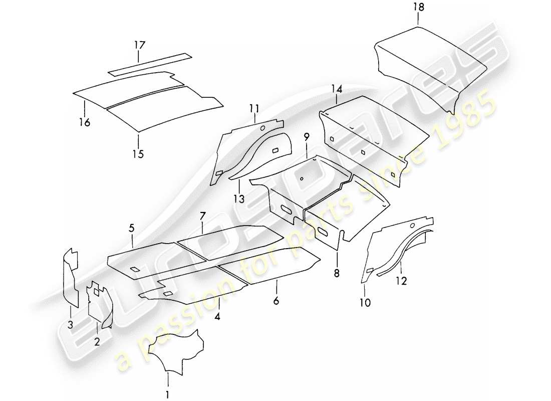 porsche 1972 (911) carrosserie - absorpteur sonore schéma des pièces