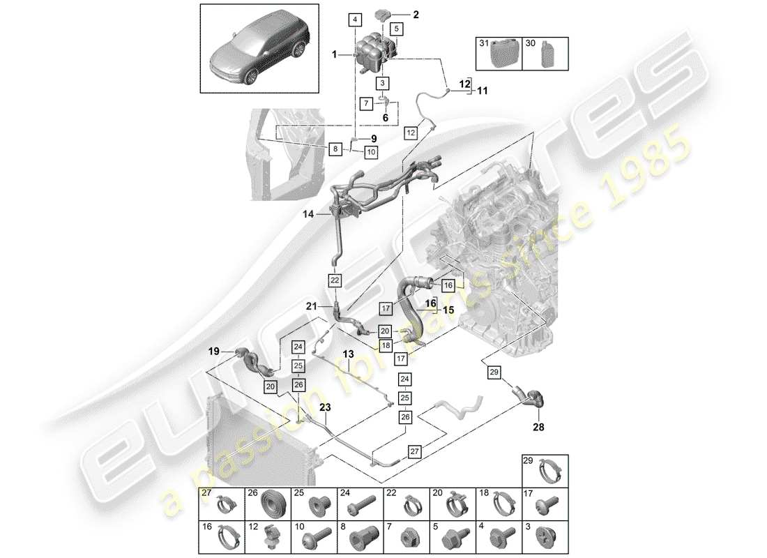 porsche 2019 (cayenne e3 9ya/9yb) refroidissement par eau schéma des pièces