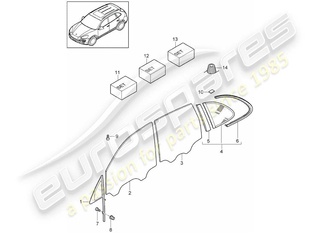 porsche 2012 (cayenne e2 92a) lunettes de fenêtre schéma des pièces