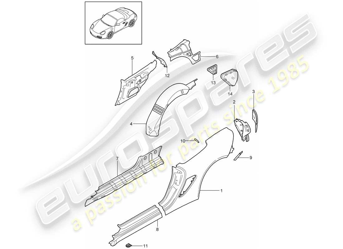 porsche 2011 (987 boxster) panneau latéral schéma des pièces