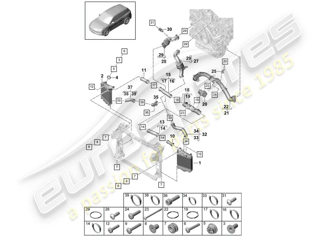 porsche 2020 (cayenne e3 9ya/9yb) refroidisseur d'air schéma des pièces