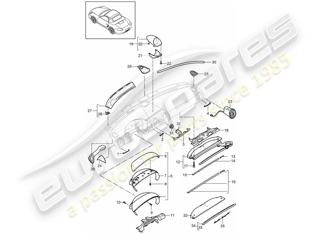 porsche 2009 (987 boxster) garniture du tableau de bord schéma des pièces