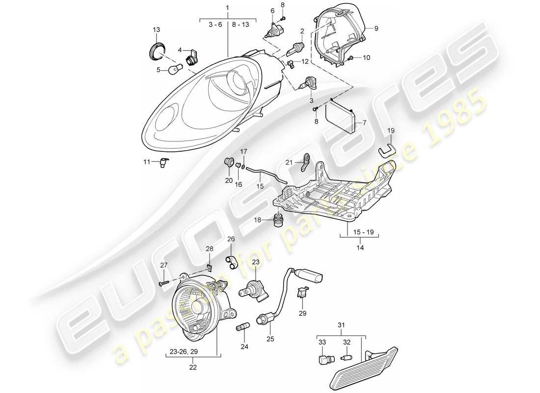 porsche 2007 (987 cayman) schéma des pièces des phares
