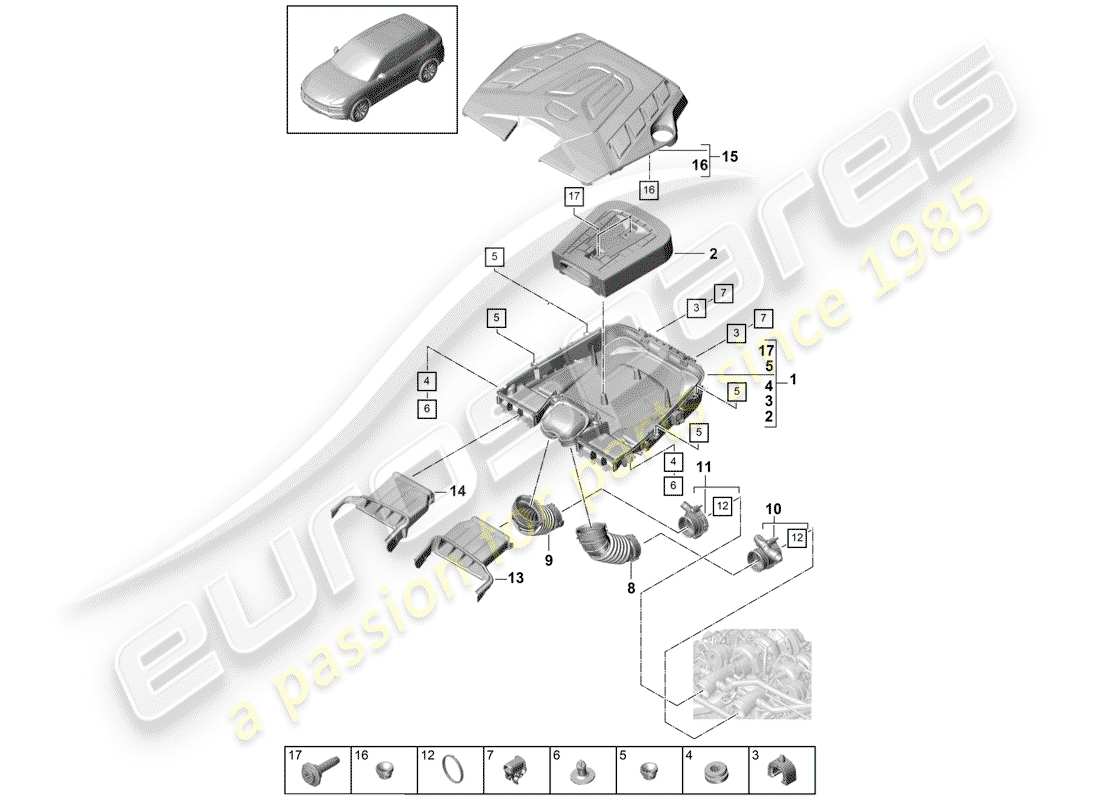 porsche 2019 (cayenne e3 9ya/9yb) filtre à air avec raccordement schéma des pièces