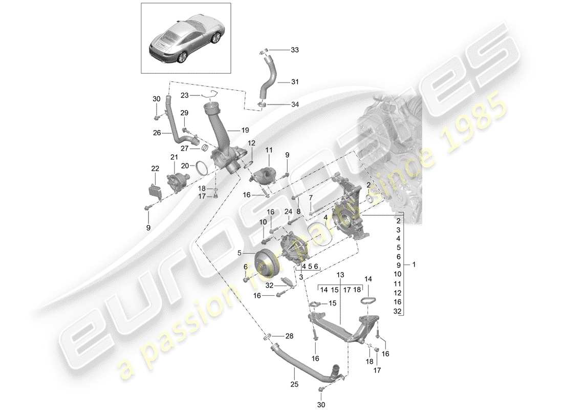 porsche 2012 (991-1) pompe à eau schéma des pièces