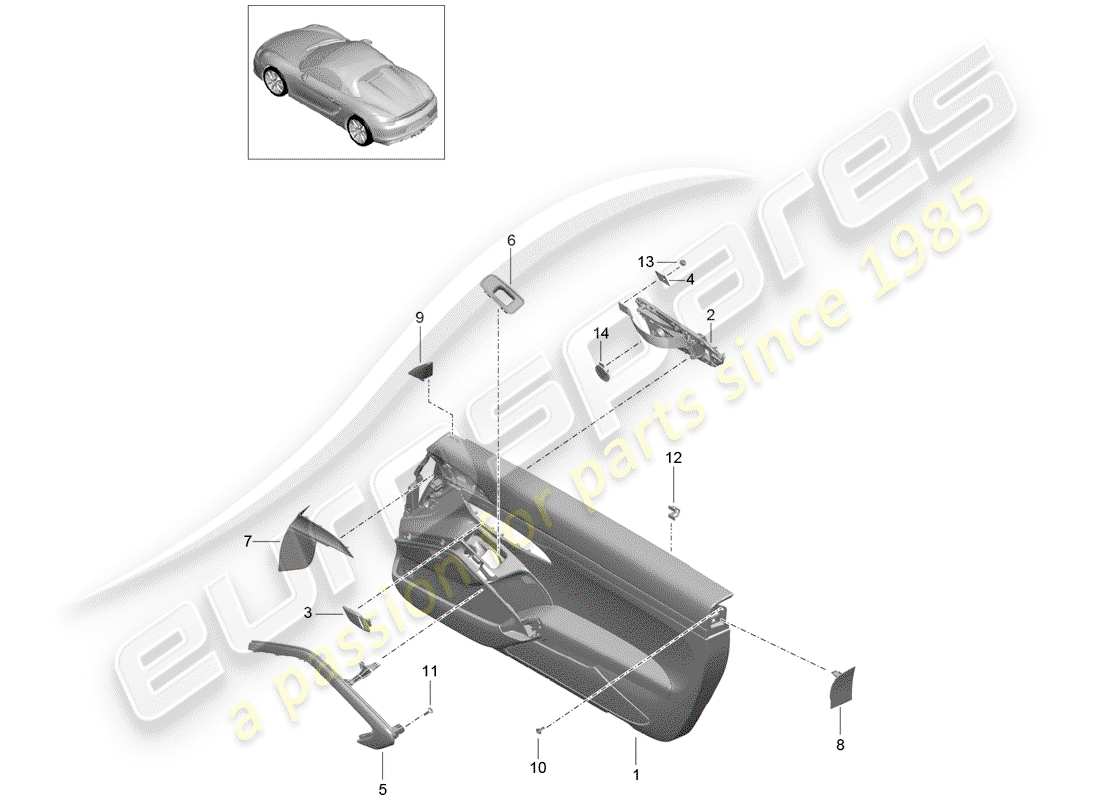 porsche 2016 (981 boxster spyder) panneau de porte schéma des pièces