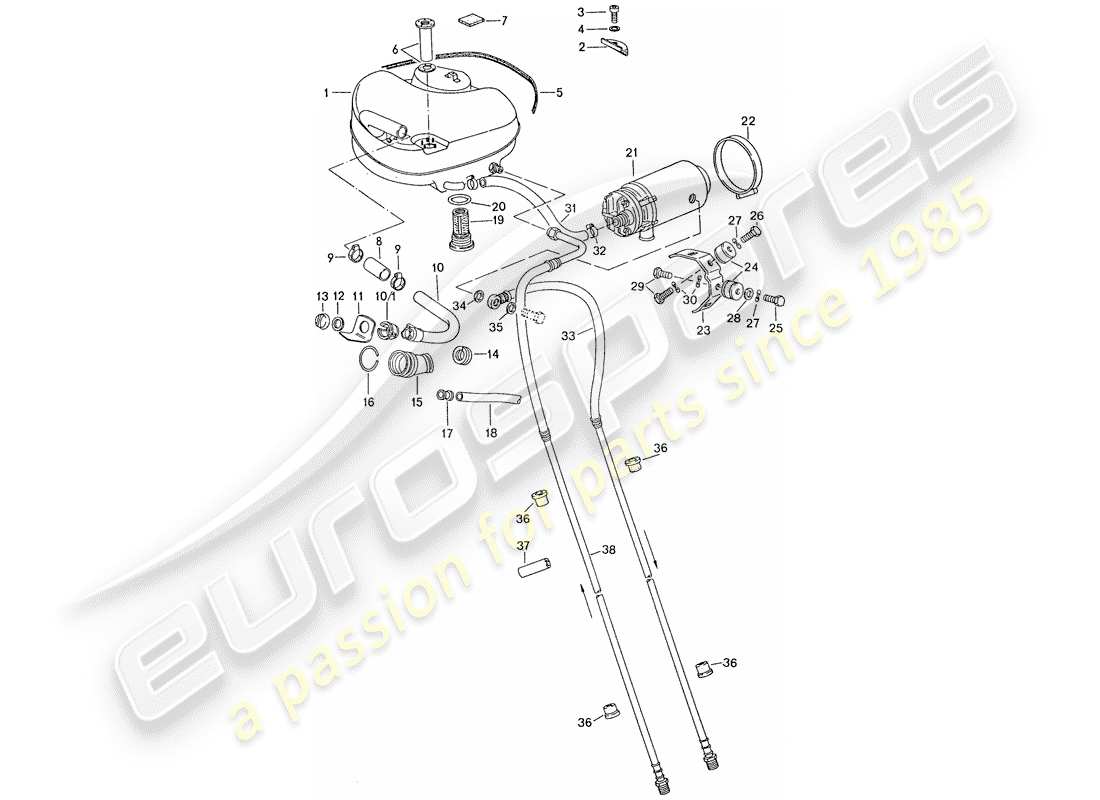 porsche 1976 (911) système de carburant - pour véhicules avec - auxil en aluminium. diagramme des pièces de support