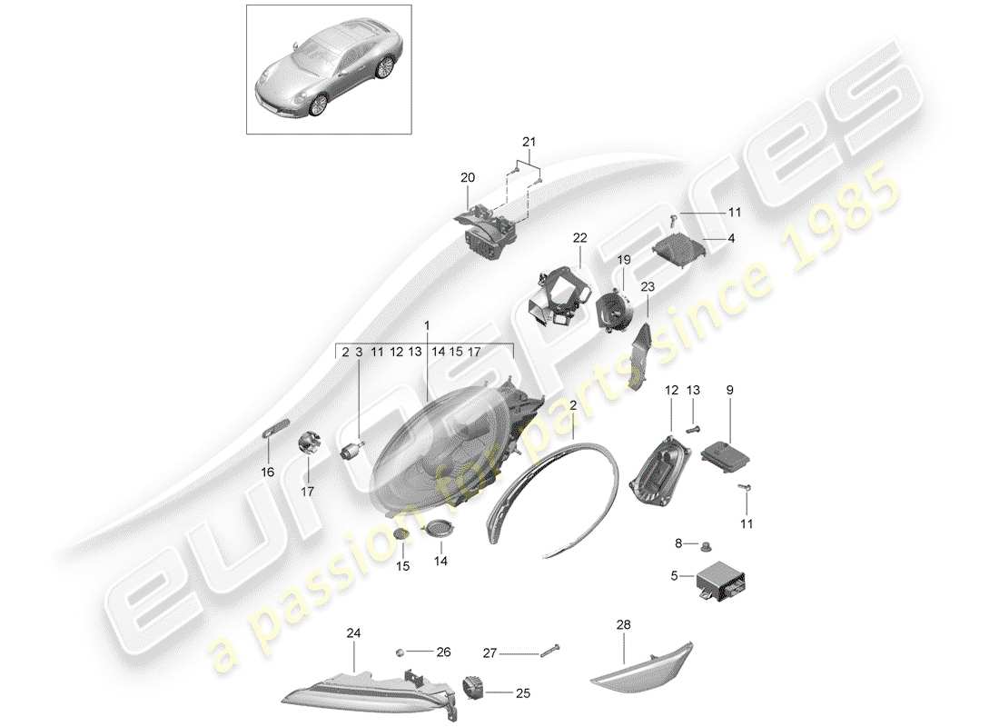 porsche 2019 (991-2) schéma des pièces des phares