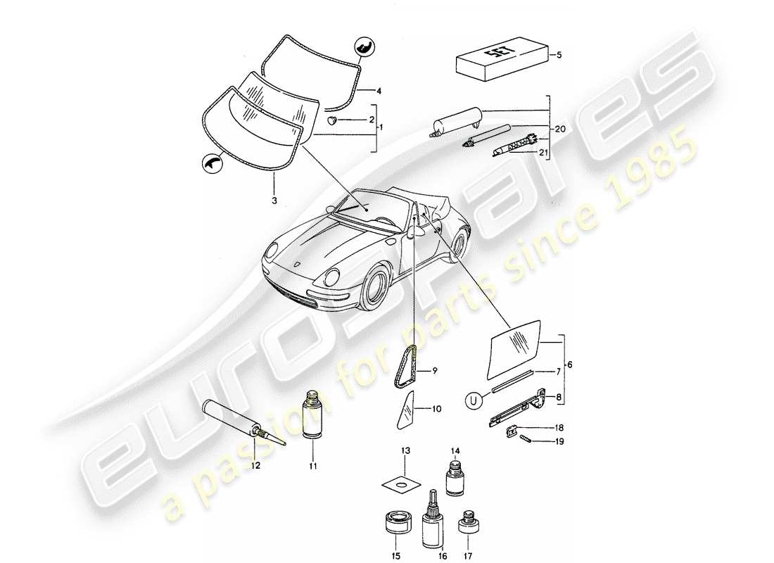 porsche 1996 (993) vitrage des fenêtres schéma des pièces
