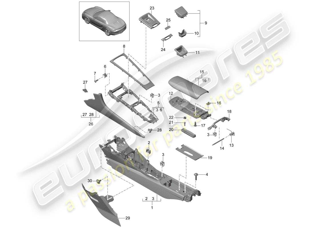 porsche 2012 (981 boxster) console centrale schéma des pièces