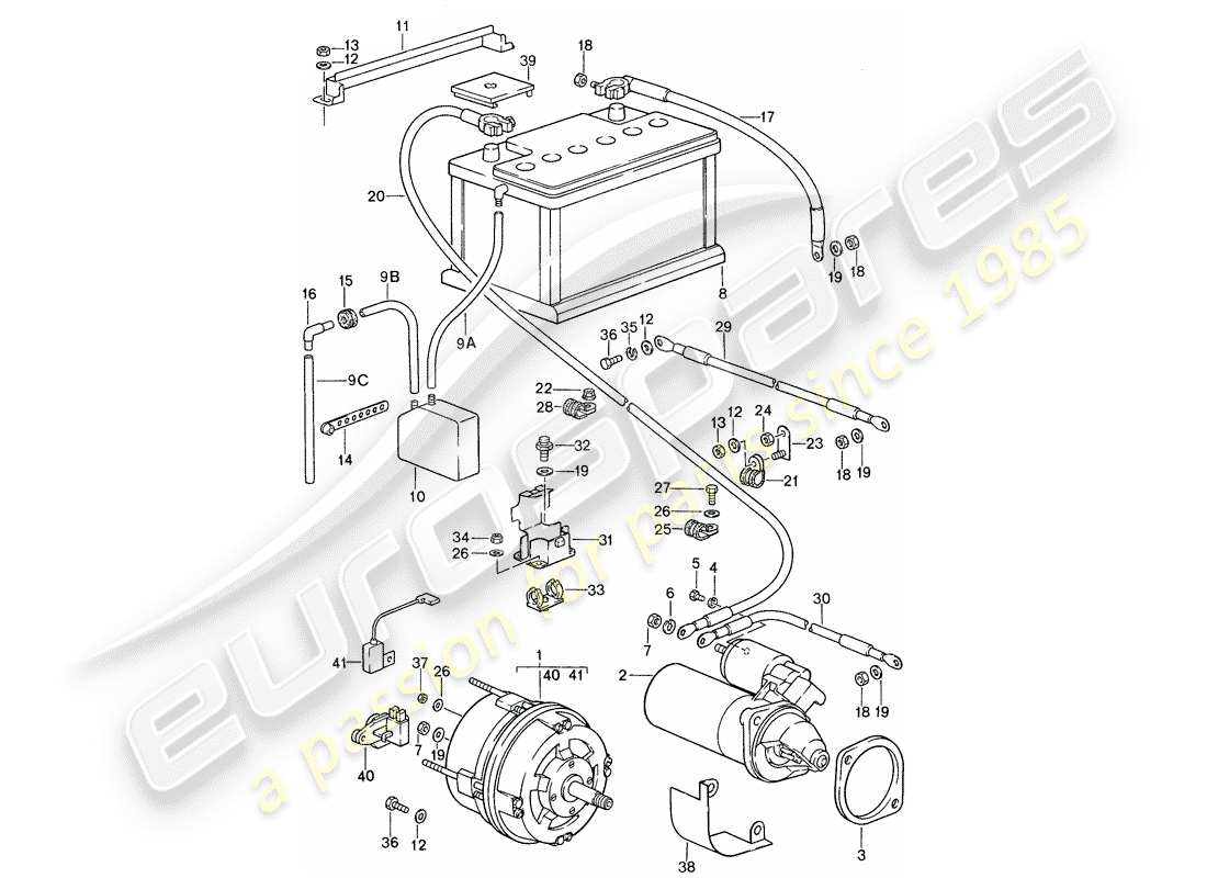 porsche 1987 (959) alternateur - démarreur - batterie schéma des pièces