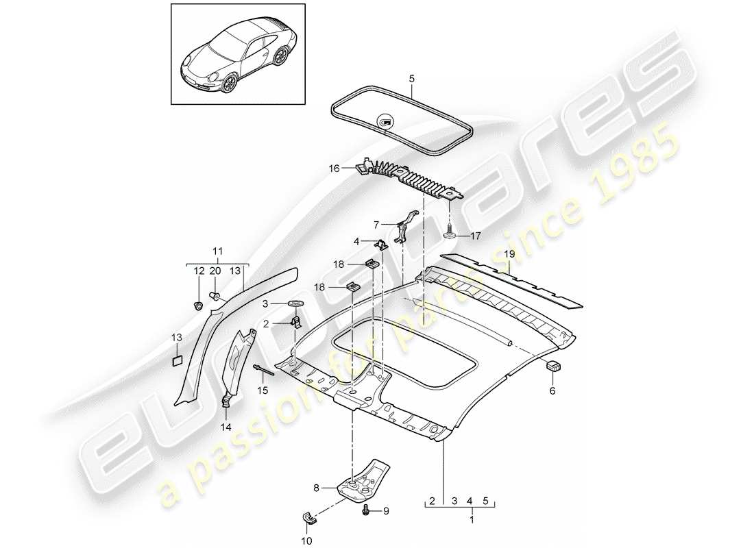 porsche 2011 (997-2 gt3) panneau de garniture de toit schéma des pièces