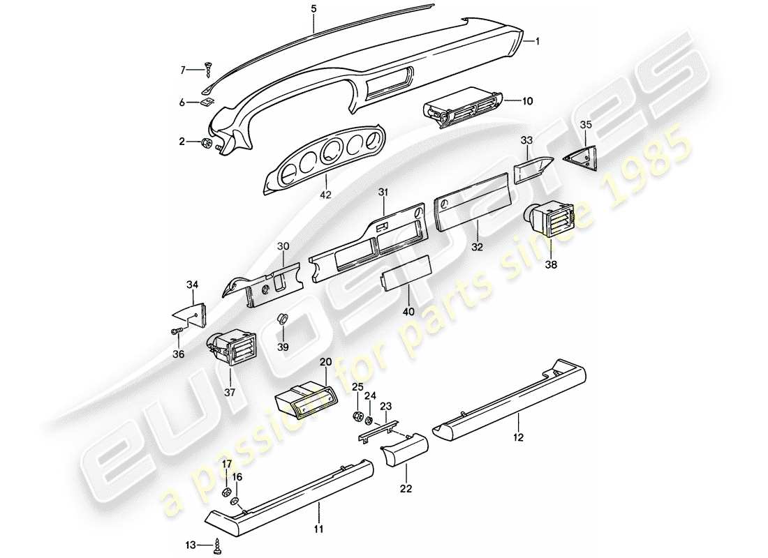 porsche 1988 (911) tableau de bord - avec pièces d'installation schéma des pièces