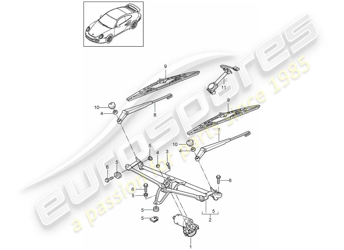 porsche 2011 (997-2 turbo / gt2 rs) système d'essuie-glace compl. diagramme de pièce