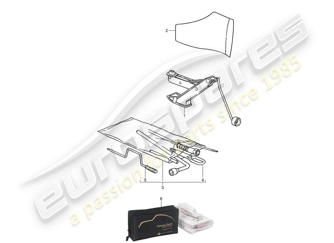porsche 1994 (928) outil - jack - trousse de premiers secours schéma des pièces
