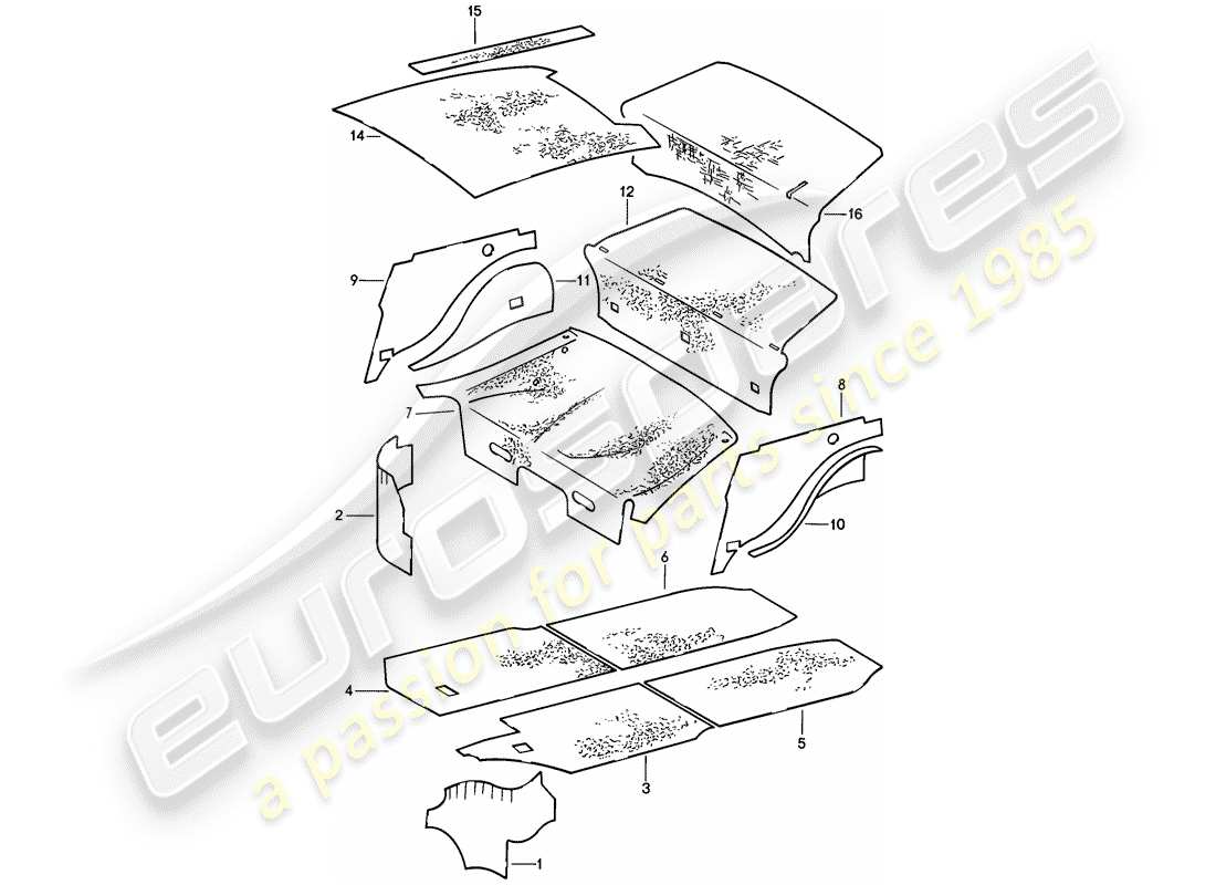 porsche 1985 (911) coque - absorbeurs acoustiques schéma des pièces