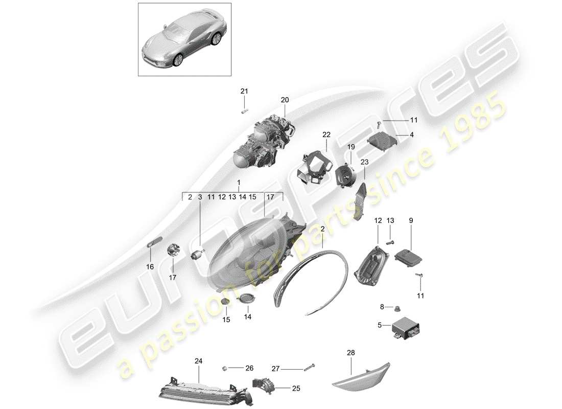 porsche 2015 (991-1 turbo) schéma des pièces des phares