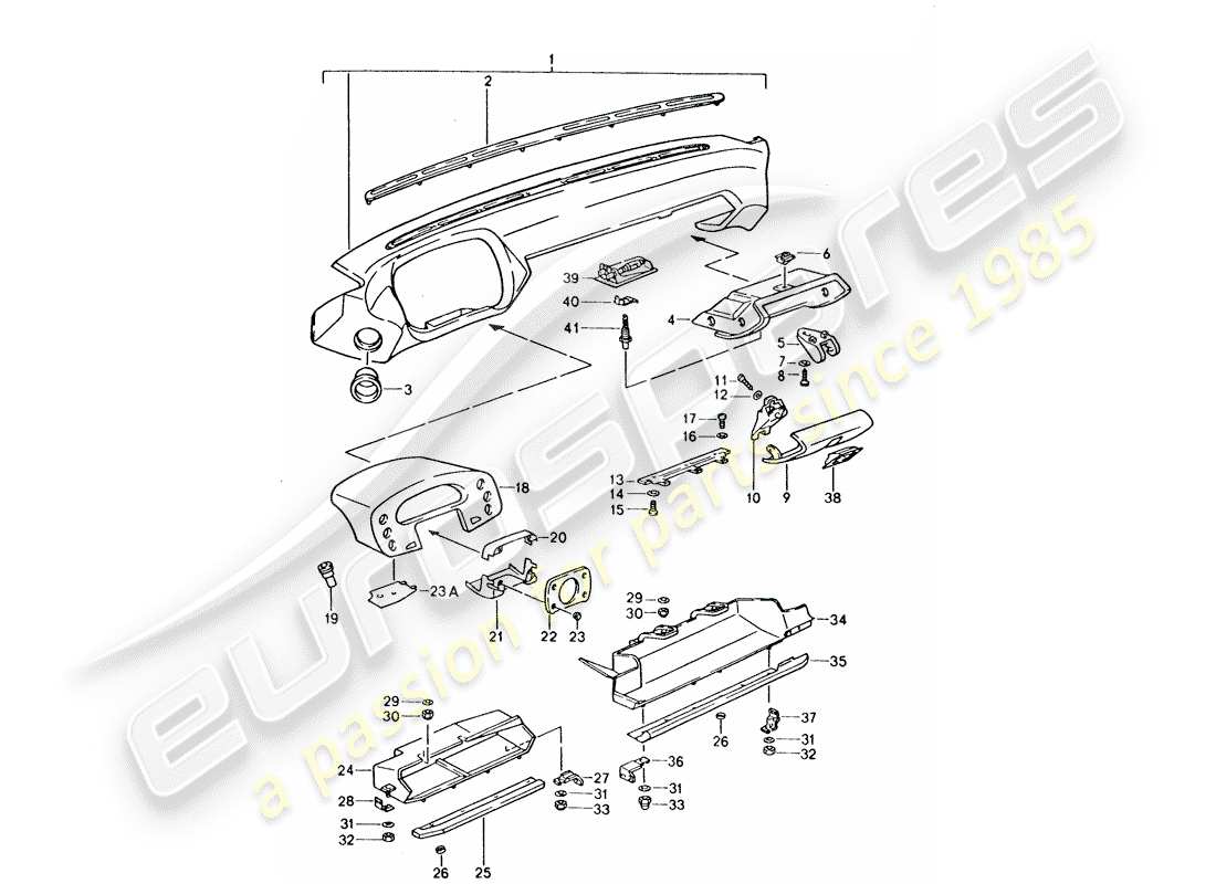 porsche 1994 (928) garniture de tableau de bord - pour voitures sans - airbag - (côté passager) schéma des pièces