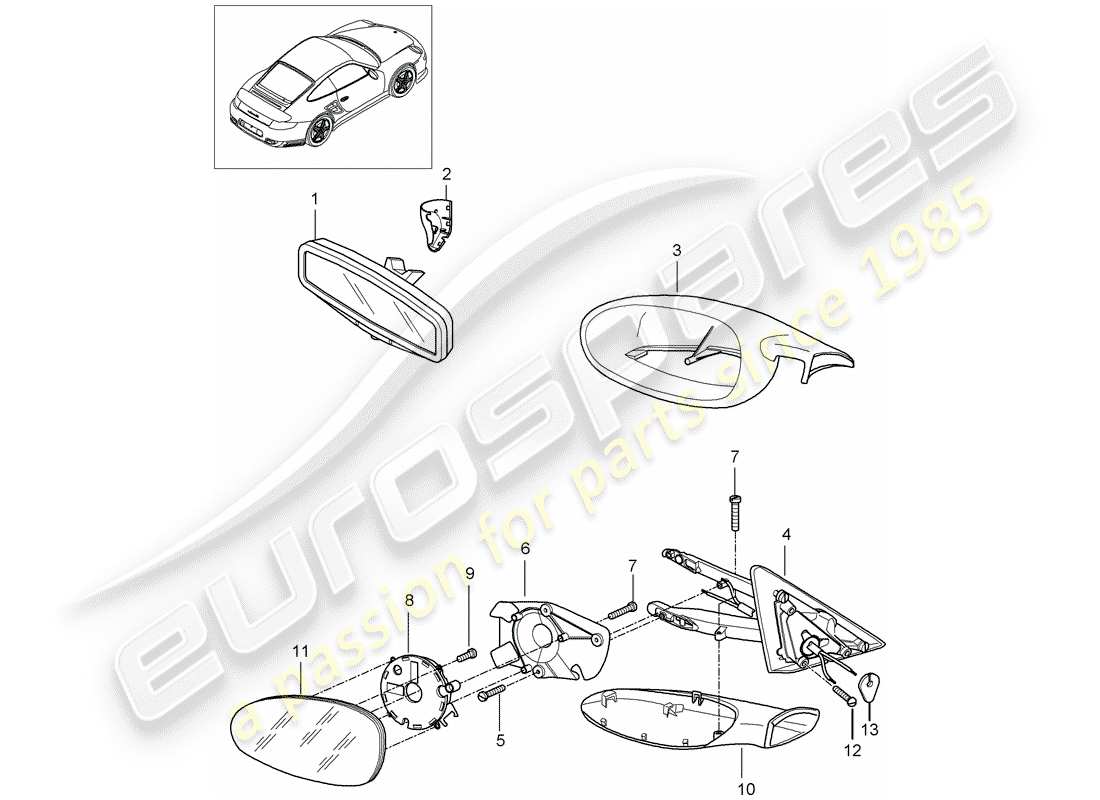 porsche 2009 997-2 turbo / gt2 schéma des pièces du rétroviseur intérieur