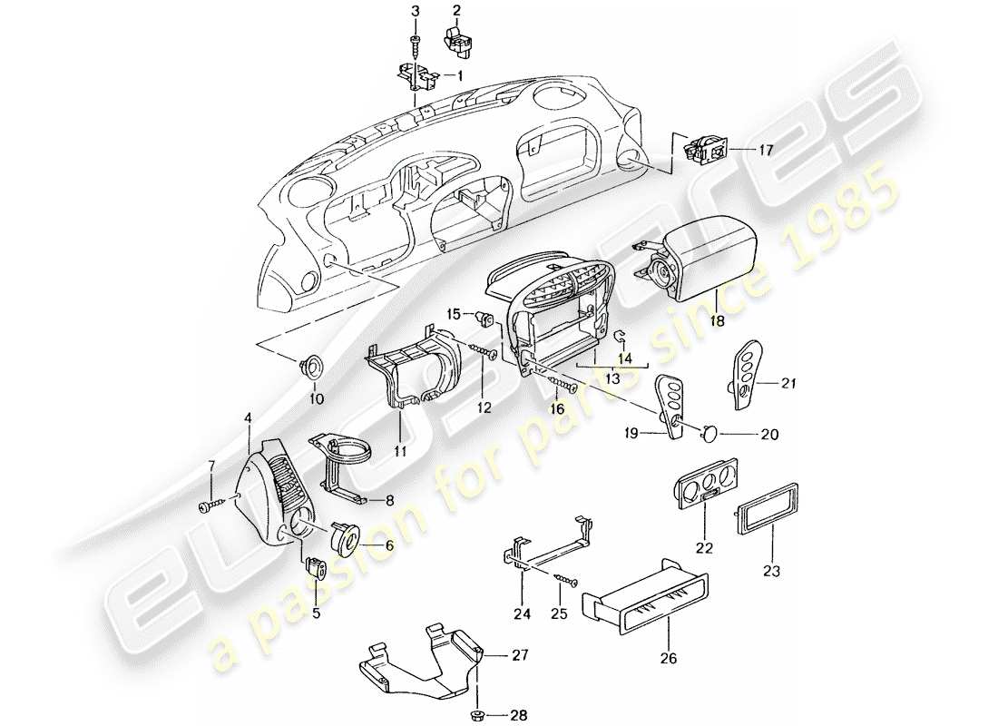 porsche 2002 (996 gt3) accessoires - garniture de tableau de bord schéma des pièces