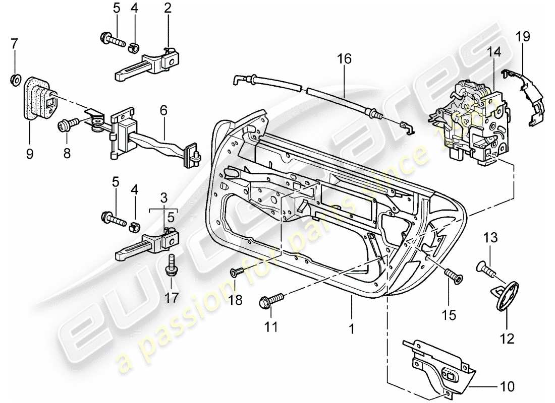 porsche 2002 (996 turbo / gt2) coque de porte - pièces d'installation - loquet de porte schéma des pièces
