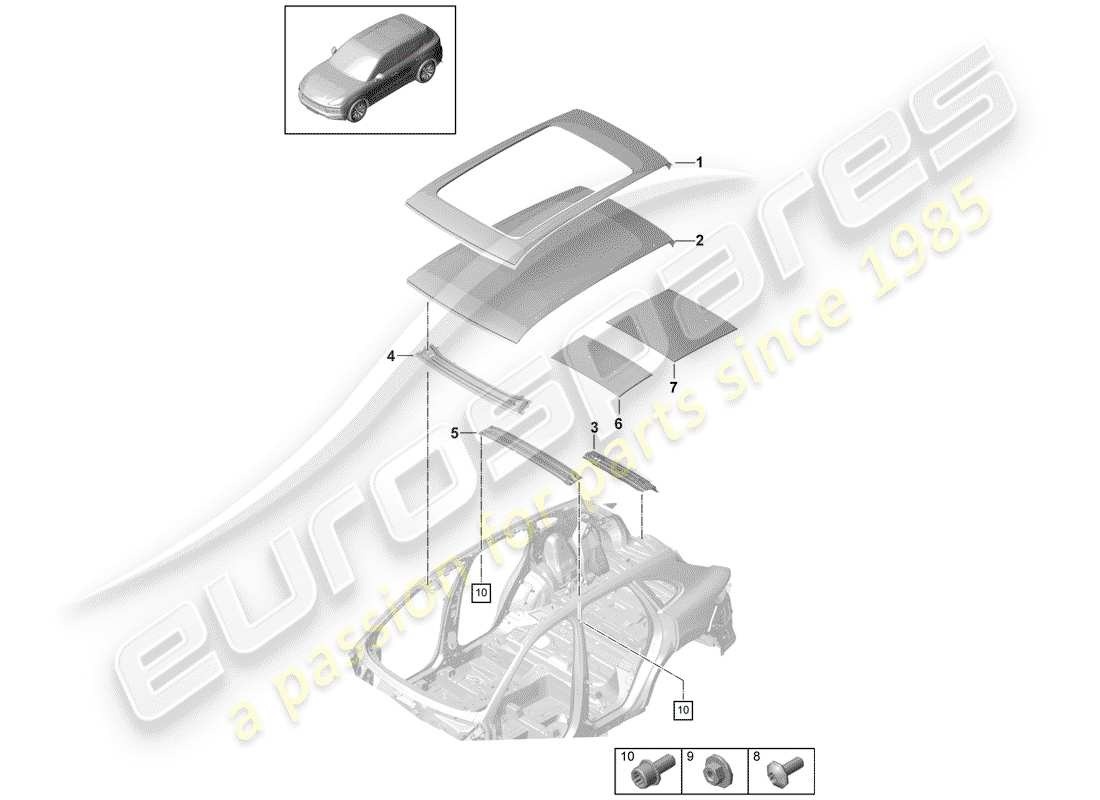 porsche 2020 (cayenne e3 9ya/9yb) schéma des pièces du toit