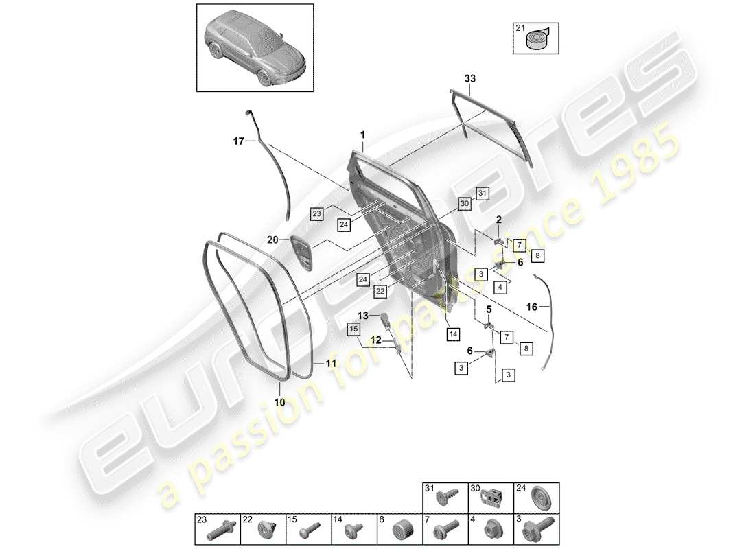 porsche 2020 (cayenne e3 9ya/9yb) coque de porte schéma des pièces